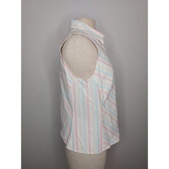 Lands End Women 10 Petite Sleeveless Collar Button Down Blouse Pastel Seersucker - Picture 7 of 16